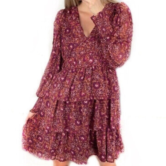 House Of Harlow 1960 Red Floral SmockedCuff Surplice Neck Tiered Ruffle Dress 10 - Picture 2 of 16